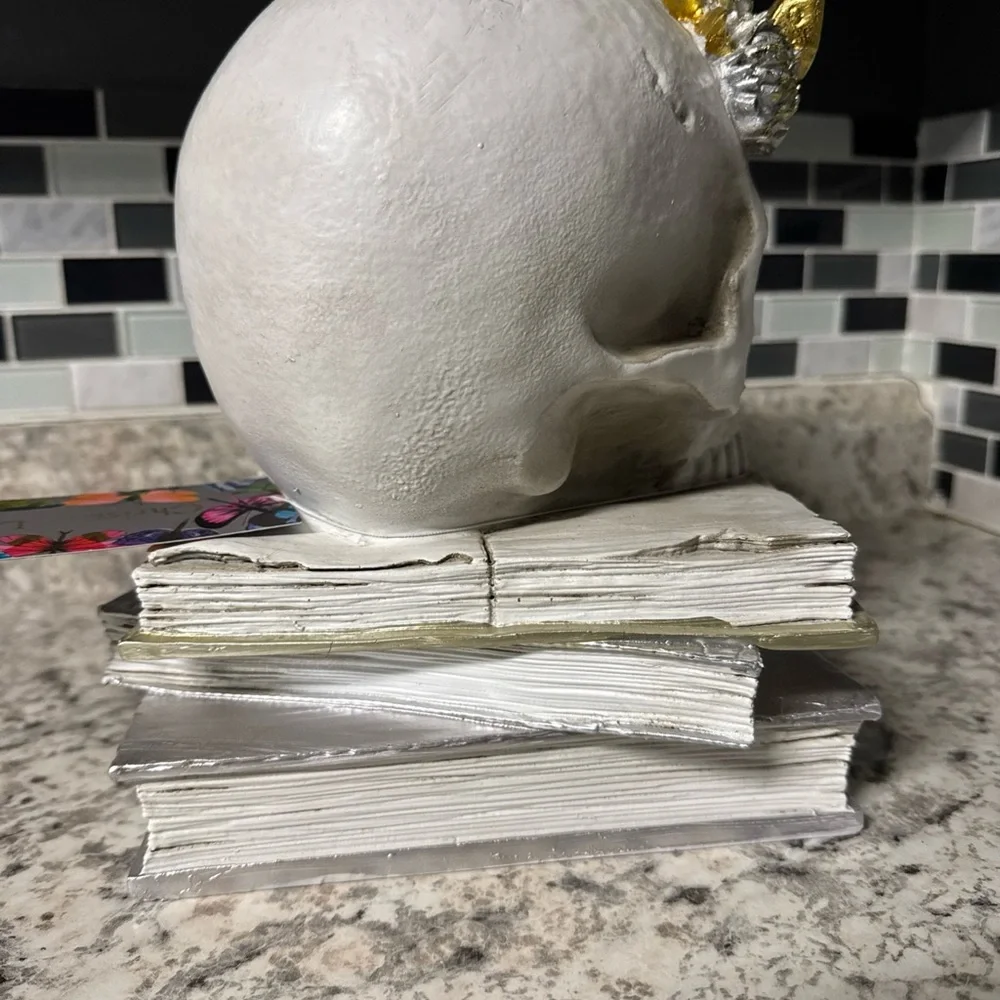 Christian Lacroix Skull on Stacked Books Creepy Halloween Skeleton Butterflies